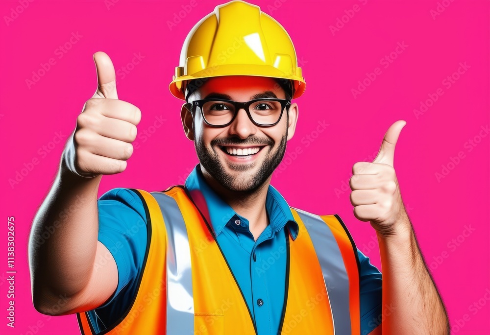 Construction worker giving a thumbs up while wearing safety gear with a bright background Construction worker giving a thumbs up while wearing safety gear with a bright background