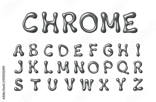 Glossy silver effect on letters and numbers. Vector isolated 3d liquid chrome fonts for trendy y2k design. Typography lettering and ABC with blobs and realistic aluminum reflective surface