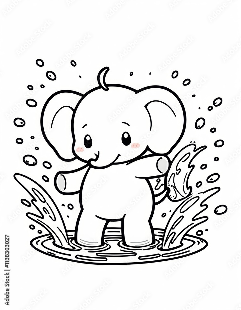 Obraz premium coloring book - a black and white cartoon drawing of a cute baby elephant playing in water. The elephant is standing in a small puddle, with water splashing around its feet