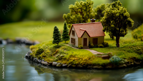 Small House Model on Grass Surrounded by Trees and River photo