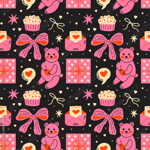 Saint Valentines Day seamless vector pattern with cute groovy funky cartoon illustration of different romantic objects, coquette bow, teddy bear, cake, heart, gift birthday, 14 February design concept