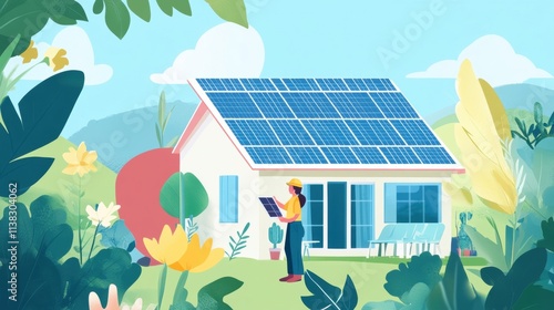 a man standing in front of a house with a solar panel on the roof photo