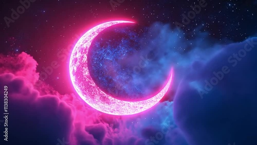A neon pink crescent moon shines brightly above a dreamy cloudscape at night.  The scene is a vibrant mix of pink and blue hues.