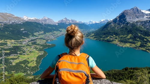 Alpine Lake Vista: A young woman with a backpack sits on a mountaintop, gazing at a breathtaking view of a pristine alpine lake and majestic Swiss Alps. The image evokes a sense of adventure. photo