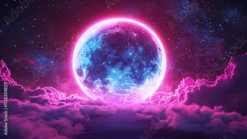 A vibrant neon moon illuminates a dreamy seascape at night.  Pink and purple clouds surround the celestial body, creating a magical atmosphere.