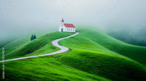 Small White Church with Red Roof on Green Hill photo