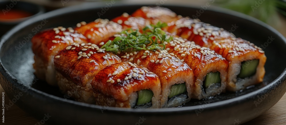 Delicious unagi sushi rolls on a black plate, garnished with sesame seeds and green onions. Delicious unagi sushi rolls on a black plate, garnished with sesame seeds and green onions.