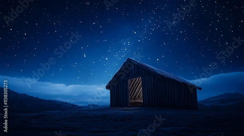 Wooden Stable at Dark Blue Starry Night, Jesus Christ Birth Concept with Copy Space