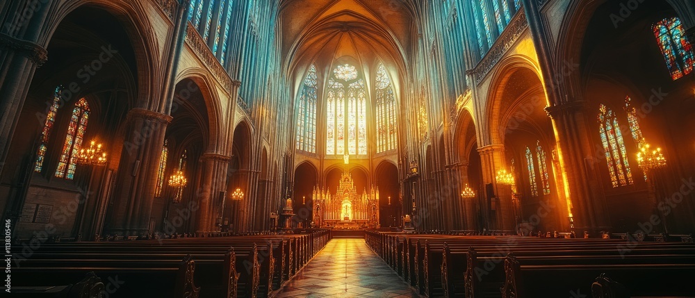 Fototapeta premium Majestic cathedral interior with stained glass windows and warm lighting.