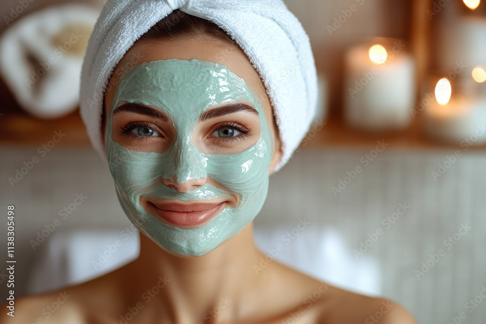 Woman applying facial mask on blurred background. Portrait of girl with cosmetic mask on bathroom background. Face care. Dermatology concept. Generated AI Woman applying facial mask on blurred background. Portrait of girl with cosmetic mask on bathroom background. Face care. Dermatology concept. Generated AI