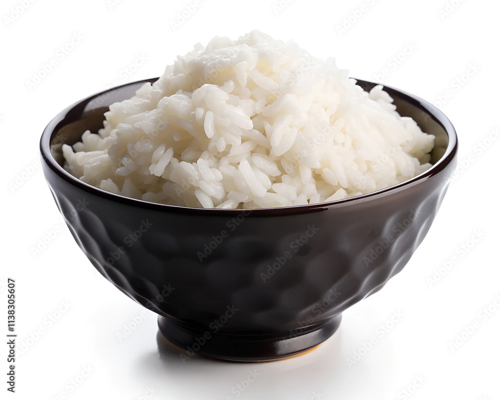 Freshly Steamed White Rice in a Black Bowl – Culinary Presentation Isolated on White Background (PNG). Freshly Steamed White Rice in a Black Bowl – Culinary Presentation Isolated on White Background (PNG).