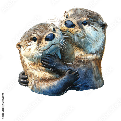 Two adorable otters embrace each other in a heartwarming display of affection on a white isolated background. photo