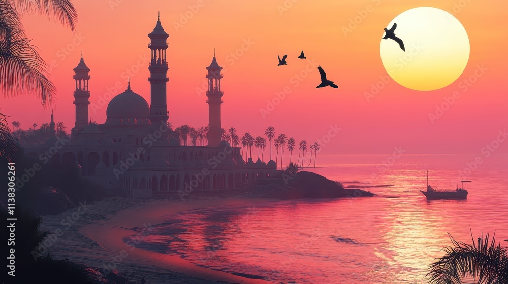 Obraz premium Serene Sunset Over Mosques and Ocean Shoreline