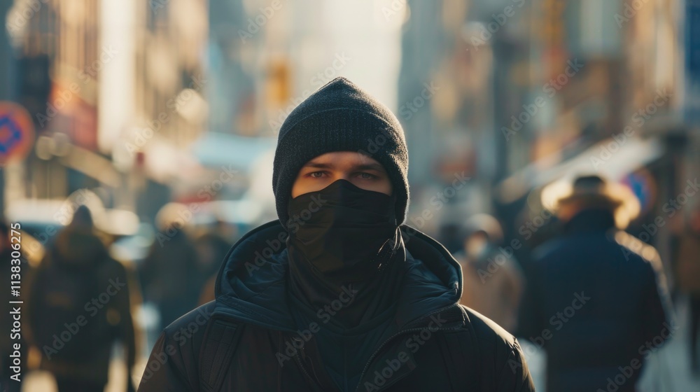 Black Mask Coronavirus. Man Wearing Black Medical Mask in City Streets During Pandemic Black Mask Coronavirus. Man Wearing Black Medical Mask in City Streets During Pandemic