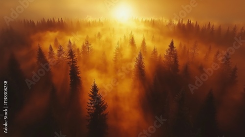 Mystical fog rising above a forest during sunrise, creating an enchanting golden atmosphere filled with tranquility