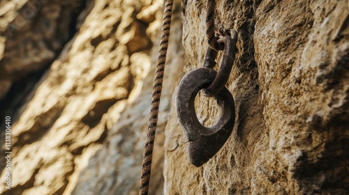 A close-up of a grapnel hook embedded in the side of a cliff, with ropes dangling below it