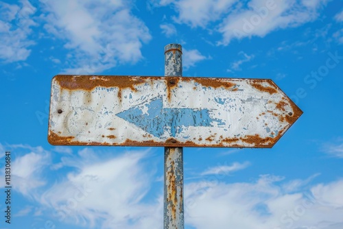 Blank Signpost. Blue and White Pointing Arrow Signpost for Travel Decision Making photo