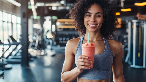A fitness enthusiast holding a grapefruit smoothie, smiling after a workout in a modern gym setting