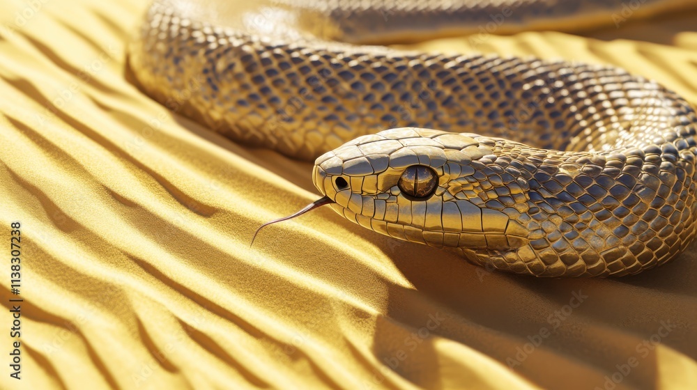 Obraz premium A beautiful snake moving across golden sand in a vast desert. Its shiny scales reflect sunlight while its tongue tastes the warm air of the serene landscape.