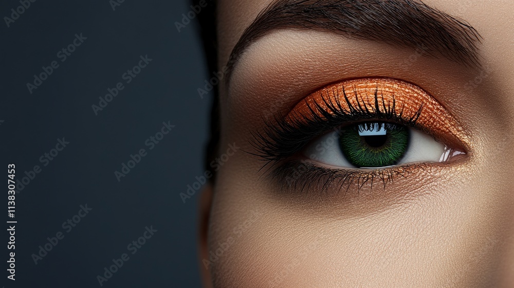 Green Eyes, Orange Shadows: A close-up shot of a woman's captivating eye, with a mesmerizing green iris and bold orange eyeshadow, against a dark backdrop. Green Eyes, Orange Shadows: A close-up shot of a woman's captivating eye, with a mesmerizing green iris and bold orange eyeshadow, against a dark backdrop.