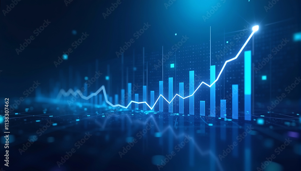 A conceptual image featuring a blue gradient background with glowing holographic financial elements, such as bar graphs, line charts, and stock trend indicators A conceptual image featuring a blue gradient background with glowing holographic financial elements, such as bar graphs, line charts, and stock trend indicators