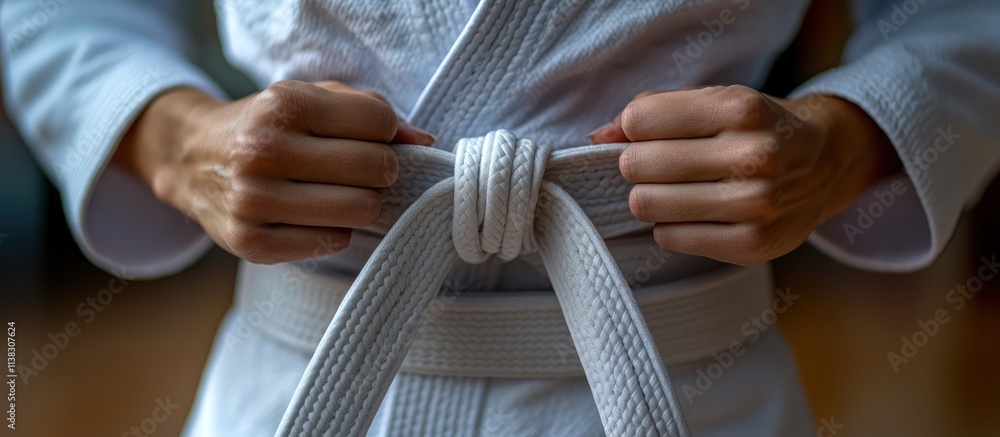 Close-up of hands tying a white martial arts belt. Close-up of hands tying a white martial arts belt.