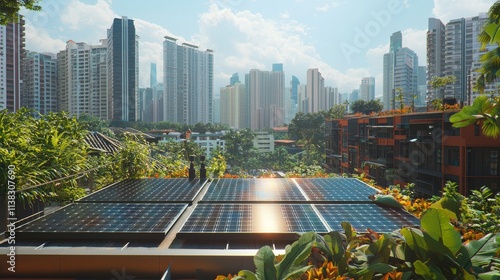 Rooftop Solar Panels and Urban Greenery in an Eco-Friendly Cityscape