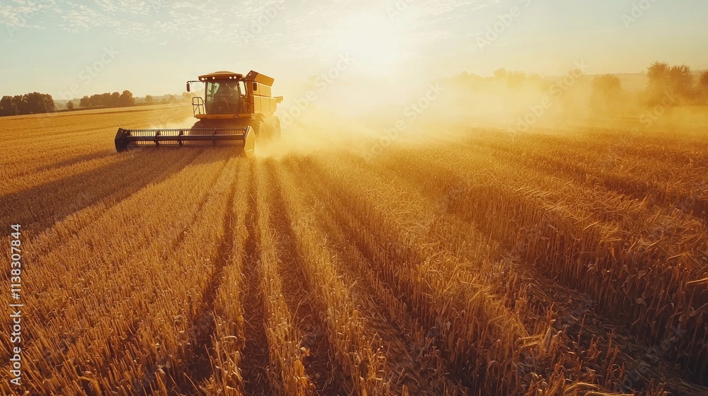 Fototapeta premium A combine harvester working through a grainfield during harvest season, with dust rising in the sunlight