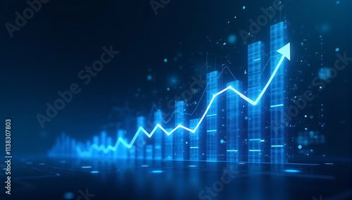 A conceptual image featuring a blue gradient background with glowing holographic financial elements, such as bar graphs, line charts, and stock trend indicators