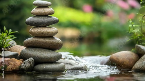 Balanced Stones Tower on Streamside Surrounded by Lush Greenery photo