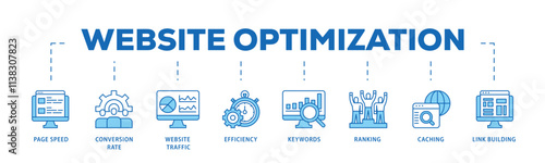 Website optimization infographic icon flow process which consists of page speed, conversion rate, website traffic, efficiency, keywords, ranking, caching  icon live stroke and easy to edit .