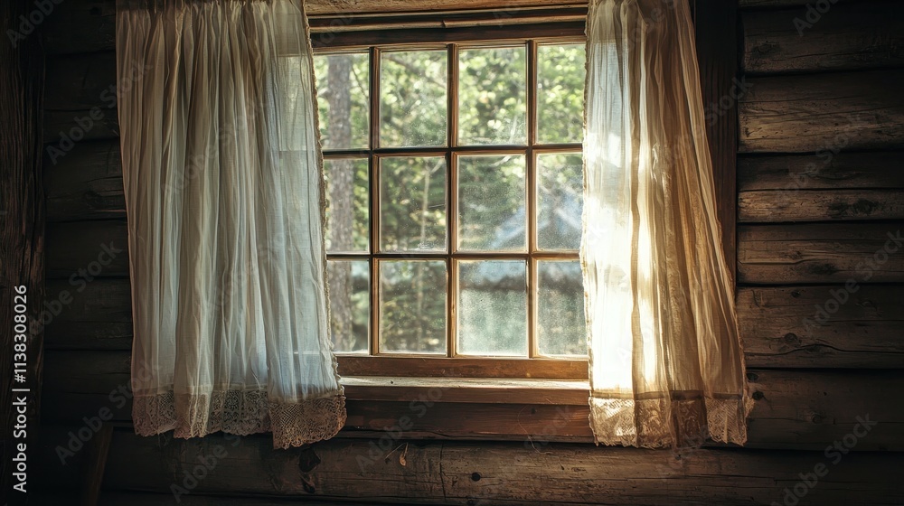 Sunlight Streaming Through Rustic Cabin Window with Soft Drapes Sunlight Streaming Through Rustic Cabin Window with Soft Drapes