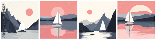 Abstract landscapes set with sail boat. Scerene scene with sea hills mountains yacht and sun. Retro nature graphic. Poster wall art holidays advertising banner. Flat minimalist design style vector