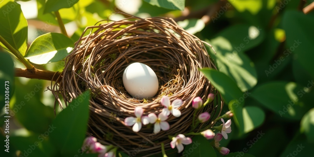 A single white egg nestled in a woven bird's nest, surrounded by delicate pink blossoms and lush green foliage, bathed in the warm glow of sunlight. A single white egg nestled in a woven bird's nest, surrounded by delicate pink blossoms and lush green foliage, bathed in the warm glow of sunlight.
