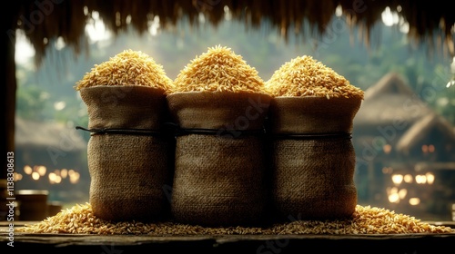 Wallpaper Mural Three burlap sacks filled with grains, set against a rustic background. Torontodigital.ca