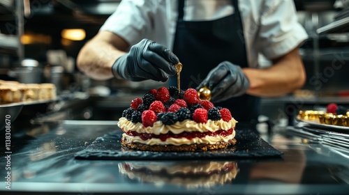 A pastry chef in a bustling kitchen decorating a gourmet dessert with edible gold and fresh berries