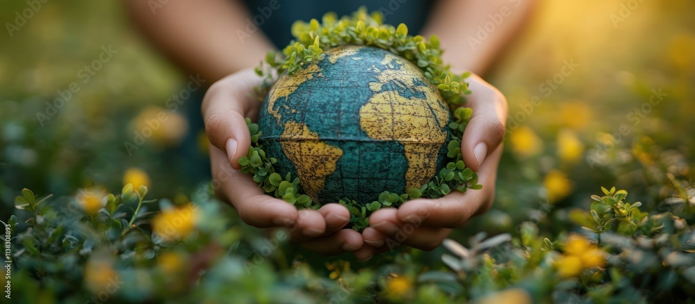 Hands holding a small globe surrounded by greenery. Hands holding a small globe surrounded by greenery.