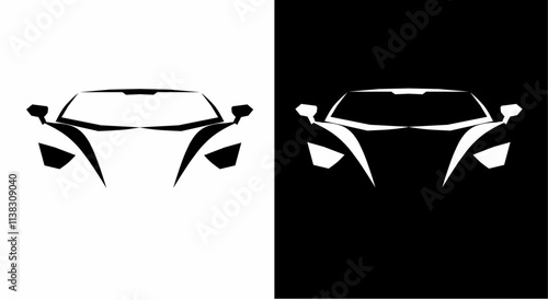 A sleek sports car front view in black and white vector style, featuring sharp lines, symmetry, and high contrast. Perfect for automotive design, logos, and branding.