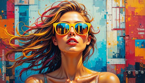 painting of a vibrant woman with sun-kissed skin, wearing bold yellow sunglasses reflecting an abstract outrun-style cityscape  photo