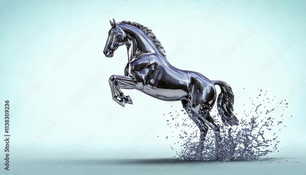 Fototapeta premium Dynamic water splashing metallic horse studio setting 3d render creative design artistic expression