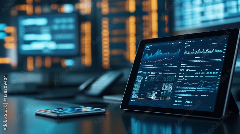 Digital Workspace with Financial Data Visualization on Tablet and Smartphone,Representing Modern Digital Workspace with Financial Data Visualization on Tablet and Smartphone,Representing Modern