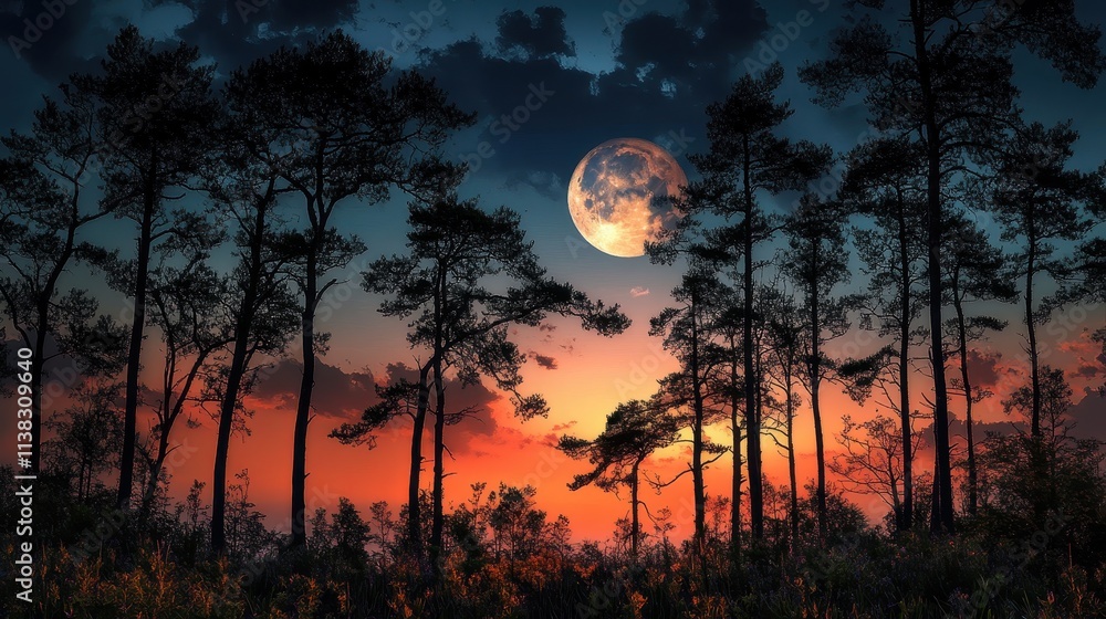 Moody Silhouettes of Tall Trees Under a Full Moon Against a Colorful Twilight Sky Moody Silhouettes of Tall Trees Under a Full Moon Against a Colorful Twilight Sky