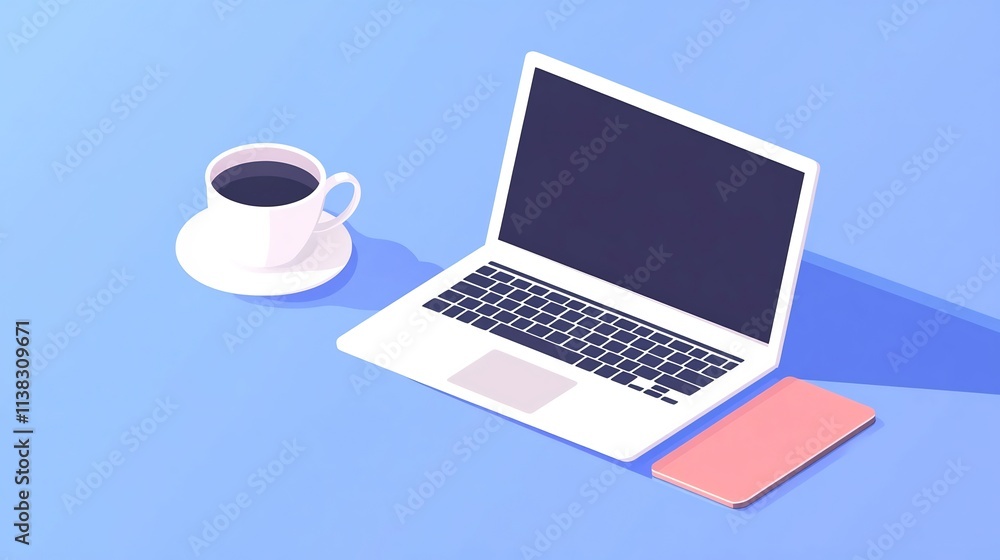 Modern Office Desk with Laptop,Digital Tablet,and Coffee Symbolizing Work-Life Balance Modern Office Desk with Laptop,Digital Tablet,and Coffee Symbolizing Work-Life Balance