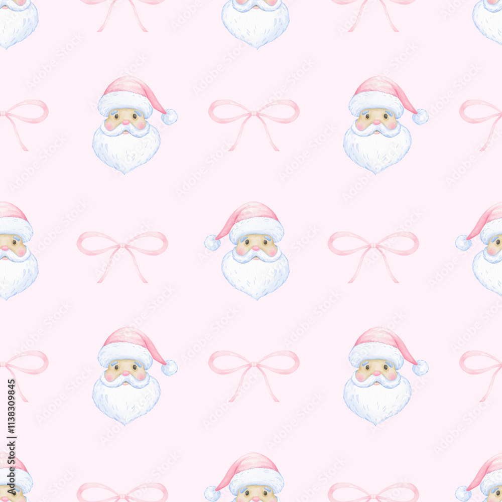 Fototapeta premium Santa Claus, bow. Watercolor seamless pattern in pastel colors. Cute cartoon illustration for textile and paper for Christmas