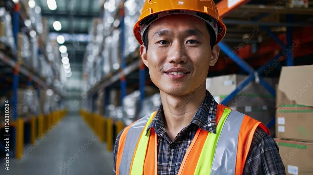 Warehouse Worker Portrait: A confident and friendly warehouse worker, wearing a safety vest and hard hat, smiles warmly as he stands amidst rows of stacked boxes, showcasing dedication and expertise. Warehouse Worker Portrait: A confident and friendly warehouse worker, wearing a safety vest and hard hat, smiles warmly as he stands amidst rows of stacked boxes, showcasing dedication and expertise.
