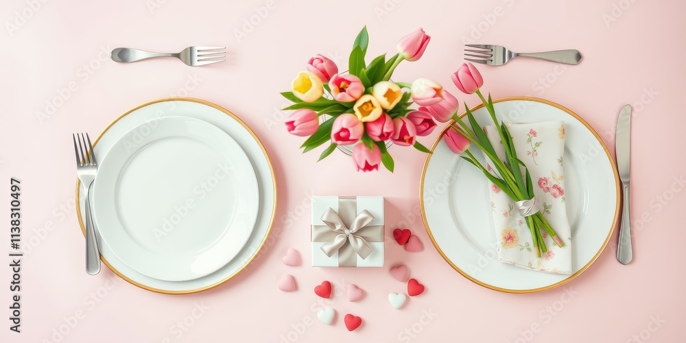 A romantic dinner setting with white plates, gold trim, pink tulips, a gift box, and heart-shaped candies on a pale pink surface. A romantic dinner setting with white plates, gold trim, pink tulips, a gift box, and heart-shaped candies on a pale pink surface.