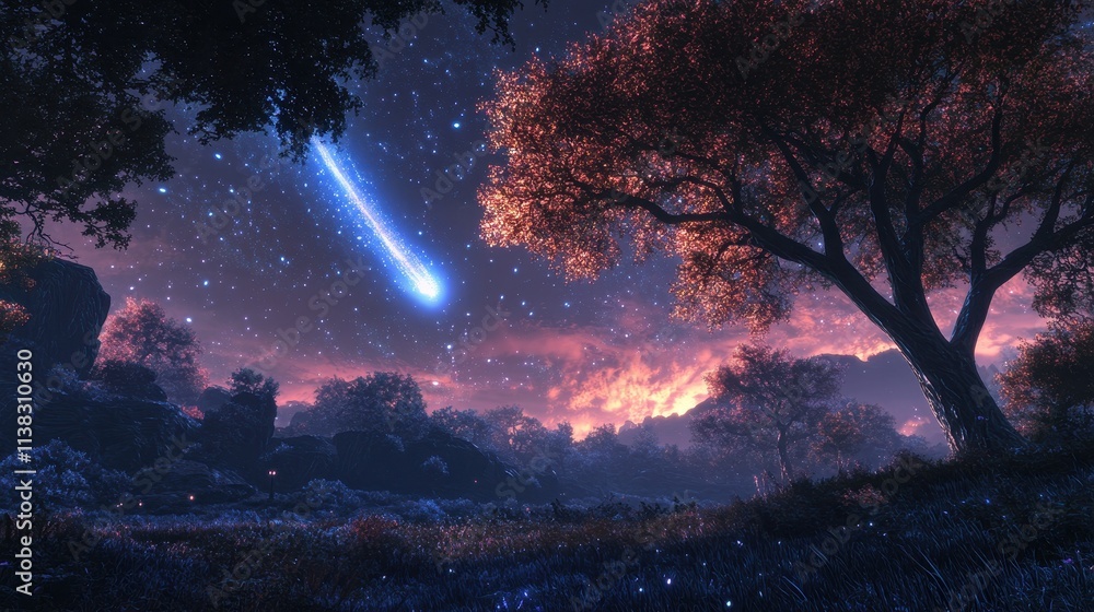 Fototapeta premium Serene Twilight Landscape of an Alien Forest with Stars and Shooting Comet Illuminating the Night Sky