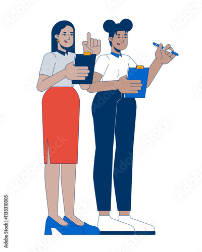 Diverse women administrators supervisors holding clipboards 2D cartoon characters. Females mentor mentee taking notes isolated people flat vector on white background. Spot illustration colorful