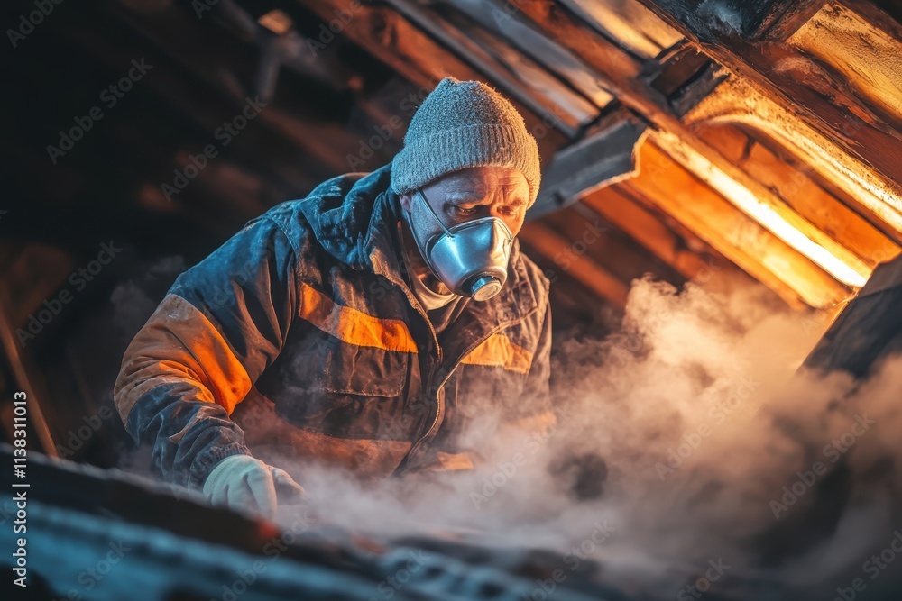 Worker in Protective Gear Engaged in Industrial Task Amidst Steam and Warm Lighting, Capturing the Essence of Hard Work and Safety in Challenging Environments Worker in Protective Gear Engaged in Industrial Task Amidst Steam and Warm Lighting, Capturing the Essence of Hard Work and Safety in Challenging Environments
