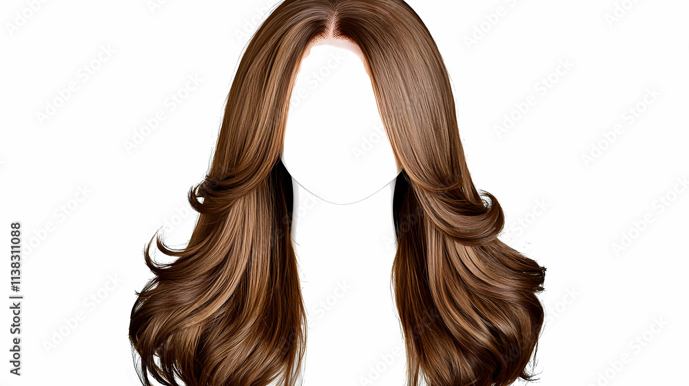 Fashionable long brown female wig isolated on a transparent background for styling. Fashionable long brown female wig isolated on a transparent background for styling.